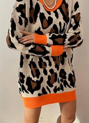 Женская теплая туника oversize, с леопардовым принтом, оранжевая2 фото