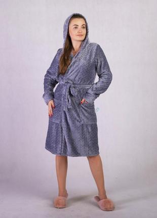 Жіночий махровий короткий халат косичка сірий2 фото