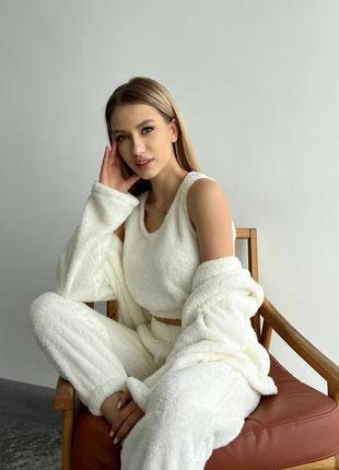 Турецкая 🇹🇷двухсторонняя махра махровая пижама 3в1🔥 пижама тройка топ + штаны + кофта 🔥3 фото
