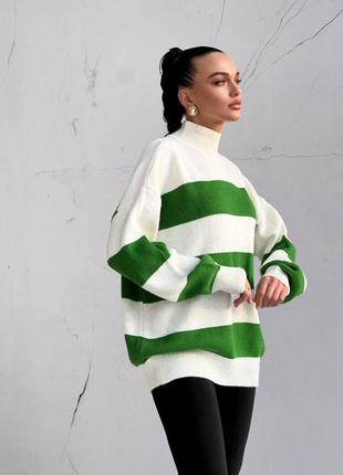 Свитер в стиле oversize под горло, белый в зеленую полоску,осень, зима, весна,свитер длинный2 фото