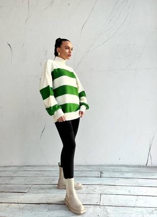 Свитер в стиле oversize под горло, белый в зеленую полоску,осень, зима, весна,свитер длинный3 фото
