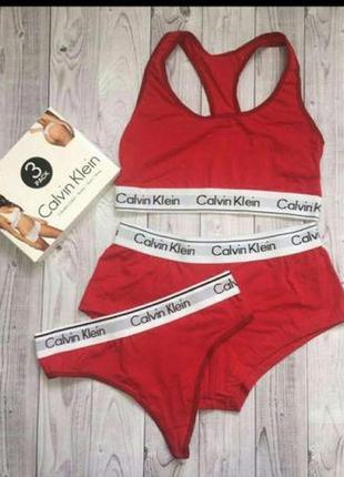 Женский набор нижнего белья calvin klein -3 в 1- топ+стринги+шорты1 фото