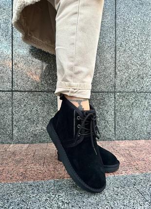 Угги дутики ботинки натуральный замш черные с мехом теплые черные на шнурках2 фото