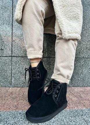 Угги дутики ботинки натуральный замш черные с мехом теплые черные на шнурках5 фото