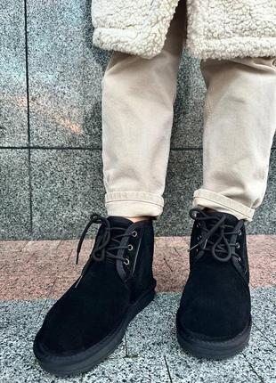 Угги дутики ботинки натуральный замш черные с мехом теплые черные на шнурках6 фото