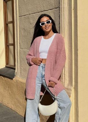 Кардиган удлиненный вязанный без застежки рукав спущенный длинный манжет ткань полушерсть