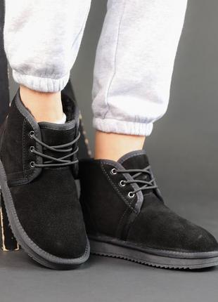 Черные стильные женские ботинки зимние,угги на шнуровке замшевые/натуральная замша-женская обувь на зиму7 фото