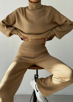 Теплый костюм свитер с горлом акриловый брюки палаццо широкие свободного кроя модный трендовый2 фото