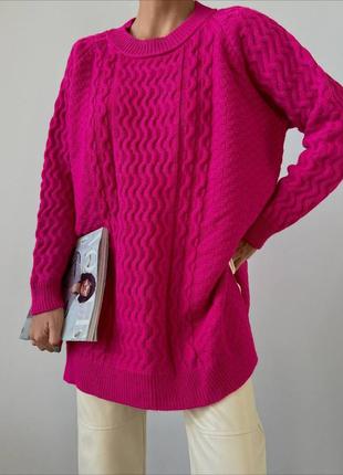 Теплая вязаная туника вязкая косичка оверсайз с разрезами свободного прямого кроя...