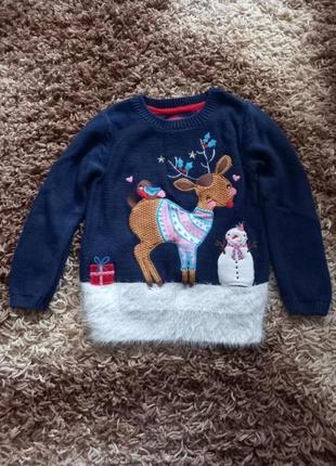 Новіричний светр новорічна кофта на дівчинку 4-5років 104-116см. вязана новорічна кофта зі сніговиком з оленем на дівчинку 4-5 років