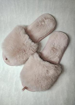 Тапочки с пушком женские домашние пудровые фирма gemelli