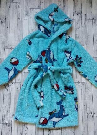 Махровый халат на мальчика или девочку голубой с дельфинами