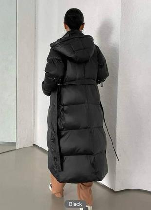 Теплая куртка пальто пуховик водостойкая плащевка на силиконе тепла с поясом карманами капюшоном свободного прямого кроя стеганая8 фото