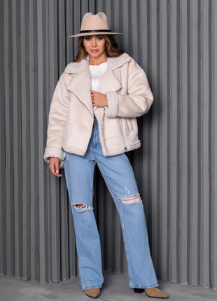 Молодежная короткая свободная дубленка на меху 3 цвета