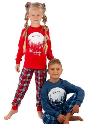 Дитяча тепла новорічна піжама в клітинку червона синя фемілі лук, детская новогодняя пижама family look с начесом4 фото
