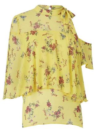Жовта блуза в квіточку на одне плече з бантом шифон, шовк