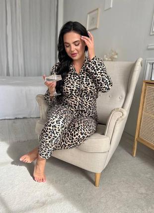 Женская тёплая пижама леопардовая леопард домашняя костюм одежда для дома рубашка кофта и штаны