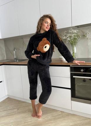 Женская теплая пижама махровый плюшевый домашний костюм одежда для дома кофта свитер и штаны черный