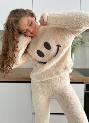 Женская теплая махровая плюшевая пушистая пижама смайл одежда для дома домашний костюм кофта свитер и штаны6 фото