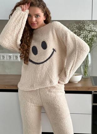 Жіноча тепла махрова плюшева пухнаста піжама смайл одяг для дому домашній костюм кофта светр та штани10 фото