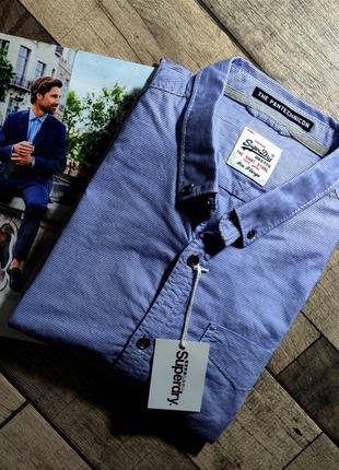 Мужская элегантная приталиная хлопоковая  винтажная  рубашка superdry casual  в синем цвете размер xl