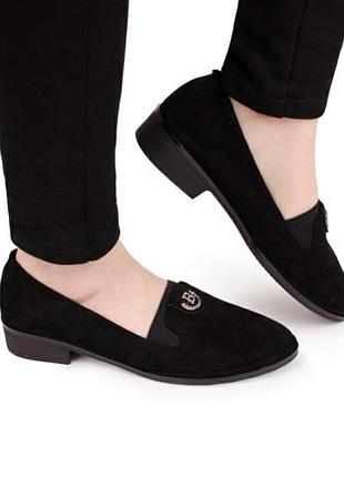 Стильные черные замшевые туфли балетки лоферы без каблука низкий ход модные красивые
