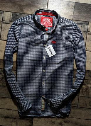 Мужская элегантная приталиная хлопоковая  винтажная  рубашка  superdry casual  в сером цвете в клетку размер m