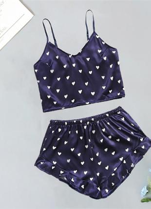 Женская атласная пижама love: топ и шорты синяя3 фото