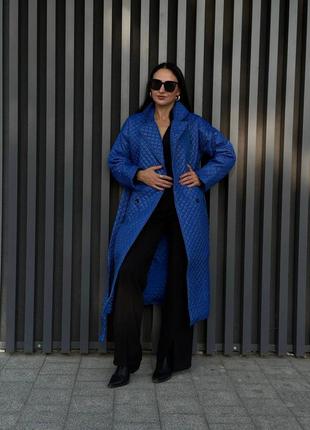 Классическое двубортное стёганое пальто миди с поясом плащёвка на силиконе 150 синее чёрное теплый тренч плащ дождевик пуховик пиджак5 фото