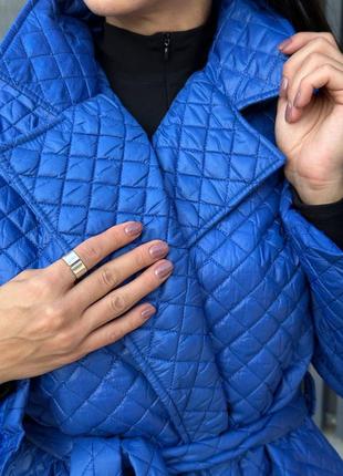 Классическое двубортное стёганое пальто миди с поясом плащёвка на силиконе 150 синее чёрное теплый тренч плащ дождевик пуховик пиджак7 фото