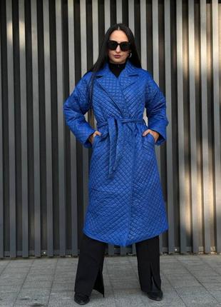 Классическое двубортное стёганое пальто миди с поясом плащёвка на силиконе 150 синее чёрное теплый тренч плащ дождевик пуховик пиджак1 фото