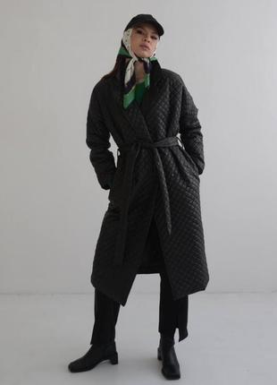 Классическое двубортное стёганое пальто миди с поясом плащёвка на силиконе 150 синее чёрное теплый тренч плащ дождевик пуховик пиджак