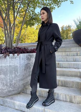 Женское черное кашемировое длинное роскошное женское пальто с перелиной, патами и поясом