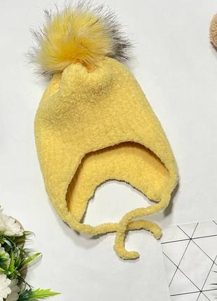 Теплая новая детская вязаная шапка, желтая, на зиму с бубоном
