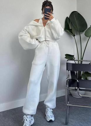 Спортивный костюм на флисе кофта зиппер на молнии укороченная брюки свободный комплект серый белый графитовый оверсайз трендовый