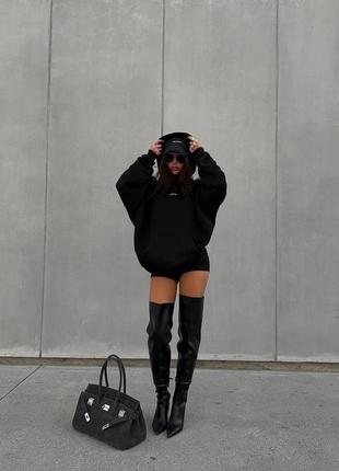 Худи женское оверсайз на флисе с капишоном с карманом с принтом качественное стильное теплое черное3 фото