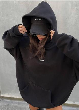 Худи женское оверсайз на флисе с капишоном с карманом с принтом качественное стильное теплое черное6 фото