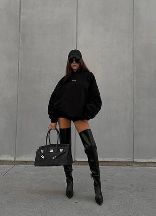 Худи женское оверсайз на флисе с капишоном с карманом с принтом качественное стильное теплое черное4 фото