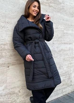 Пуховик женский оверсайз на кнопках с карманами с поясом качественный стильный теплый черный молочный