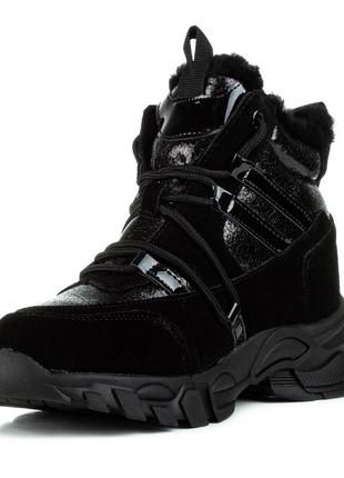 Ботинки женские черные на шнурках кожаные с лаковыми вставками  1364ц5 фото