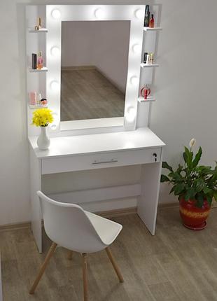 Макіяжний столик трюмо, гримерне дзеркало з поличками, розетка, туалетний стіл високий під барний стул2 фото
