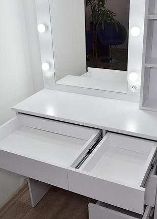 Туалетный гримерный столик трюмо и макияжное визажное зеркало с подсветкой 5 ящиков белый 900 мм5 фото