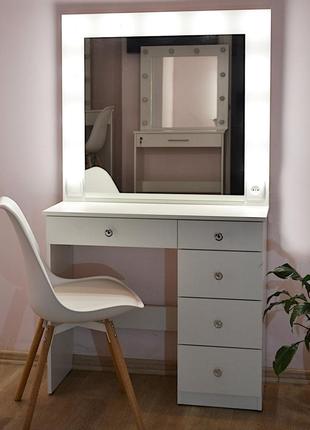 Туалетный столик и макияжное зеркало с подсветкой 5 ящиков белый 900 мм