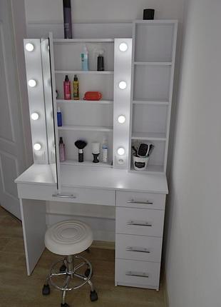 Туалетний гримерний столик трюмо та макіяжне дзеркало, що відкривається з підсвіткою, білий колір 100 см2 фото