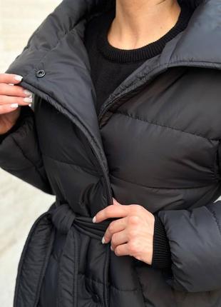 Теплое стеганое зимнее пальто-пуховик на кнопках с поясом, зимнее женское пальто, куртка на кнопках на пуху5 фото