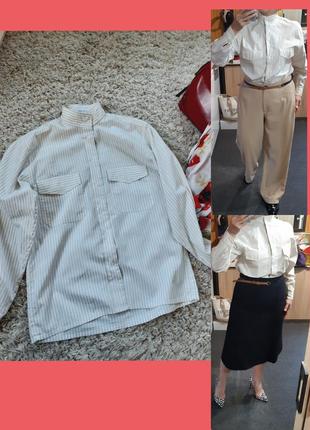 Стильная хлопковая рубашка в полоску с воротом стойка, peter hahn,  p. 38-40