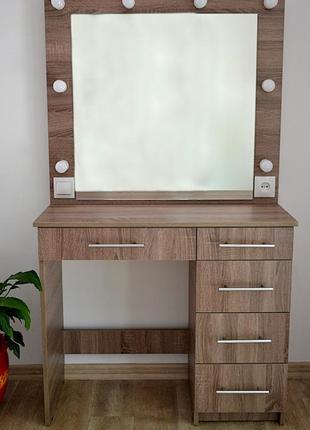 Косметический макияжный туалетный  столик трюмо и  визажное зеркало с подсветкой 5 ящиков дуб сонома 900 мм6 фото