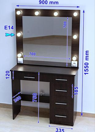 Туалетный столик с ящиками трюмо и макияжное гримерное зеркало с подсветкой ширина 90 см дуб венге10 фото