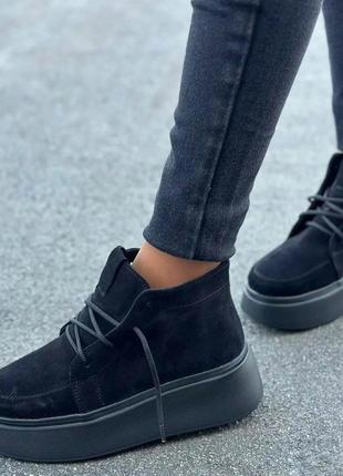Стильные женские ботинки на платформе замш шнуровка цвет черный размер 40 (26 см) (50650)