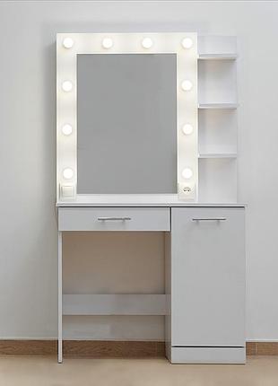 Туалетный столик трюмо и макияжное гримерное зеркало с полочками и подсветкой ширина 90 см белый